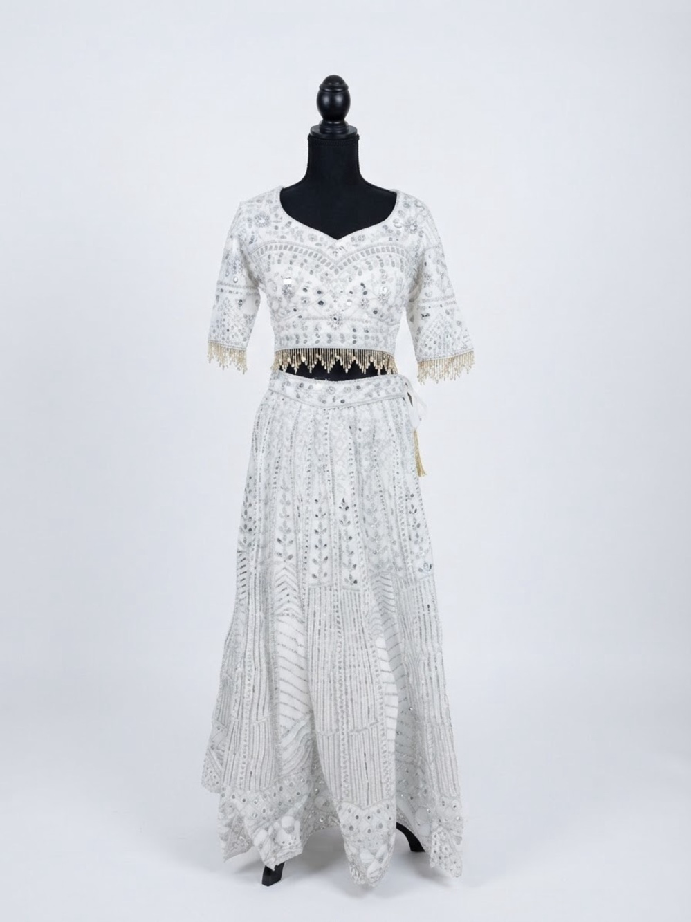 White Silver Embellished Bridal Georgette Net Lehenga Set - Picture 4 of 11